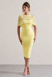 Claudette Lemon Bodycon Midi Dress With Lace Overlay
