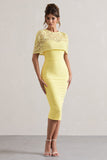 Claudette Lemon Bodycon Midi Dress With Lace Overlay