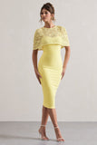 Claudette Lemon Bodycon Midi Dress With Lace Overlay