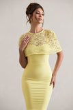 Claudette Lemon Bodycon Midi Dress With Lace Overlay