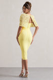 Claudette Lemon Bodycon Midi Dress With Lace Overlay