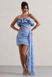 Neptune Blue Lace Strapless Ruffled Mini Dress With Drape