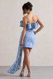 Neptune Blue Lace Strapless Ruffled Mini Dress With Drape