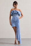 Neptune Blue Lace Strapless Ruffled Mini Dress With Drape