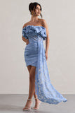 Neptune Blue Lace Strapless Ruffled Mini Dress With Drape