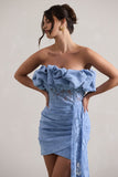 Neptune Blue Lace Strapless Ruffled Mini Dress With Drape