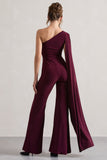 Julie Plum Asymmetric Flared-Leg Jumpsuit With Cape Sleeve
