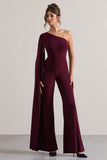 Julie Plum Asymmetric Flared-Leg Jumpsuit With Cape Sleeve