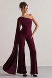 Julie Plum Asymmetric Flared-Leg Jumpsuit With Cape Sleeve
