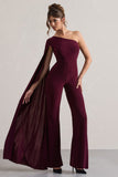 Julie Plum Asymmetric Flared-Leg Jumpsuit With Cape Sleeve