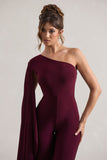 Julie Plum Asymmetric Flared-Leg Jumpsuit With Cape Sleeve