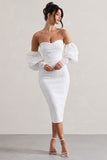 Mary White Lace Bardot Puff-Sleeve Midi Dress