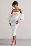 Mary White Lace Bardot Puff-Sleeve Midi Dress