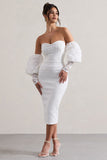 Mary White Lace Bardot Puff-Sleeve Midi Dress