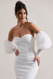 Mary White Lace Bardot Puff-Sleeve Midi Dress