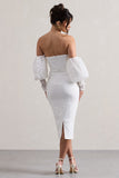 Mary White Lace Bardot Puff-Sleeve Midi Dress
