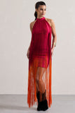 Arizona Pink & Orange Ombre Fringe High-Neck Mini Dress