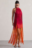 Arizona Pink & Orange Ombre Fringe High-Neck Mini Dress