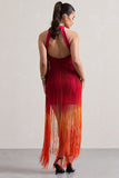 Arizona Pink & Orange Ombre Fringe High-Neck Mini Dress