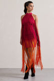 Arizona Pink & Orange Ombre Fringe High-Neck Mini Dress