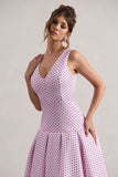Amoret Pink Polka Dot Plunge-Neck Maxi Dress With Volume Hem