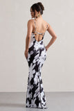 Casablanca Monochrome Floral Print Satin Sweetheart Maxi Dress