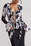 Milan Monochrome Floral Print Ruffle Tie-Front Blouse