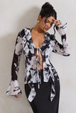 Milan Monochrome Floral Print Ruffle Tie-Front Blouse
