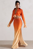 Serita Orange Ombre Satin Split Maxi Skirt