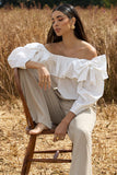 Cove White Bardot Puff-Sleeve Ruffle Top With Bows