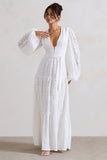 Nixie White Lace Puff-Sleeve Layered Maxi Dress With Belt