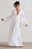 Nixie White Lace Puff-Sleeve Layered Maxi Dress With Belt