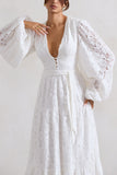Nixie White Lace Puff-Sleeve Layered Maxi Dress With Belt