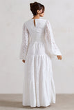 Nixie White Lace Puff-Sleeve Layered Maxi Dress With Belt