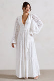 Nixie White Lace Puff-Sleeve Layered Maxi Dress With Belt