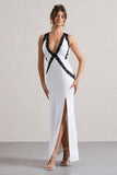 Cirilla White Plunge-Neck Split Maxi Dress With Lace Detail