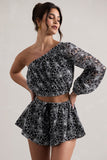 Last Request Black Lace Asymmetric One-Sleeve Crop-Top