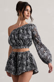 Last Request Black Lace Asymmetric One-Sleeve Crop-Top