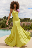 Zamora Lime Green Plunge-Neck Fishtail Maxi Dress With Corsage