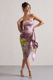 Axel Lilac Print Satin Strapless Wrap Midi Dress