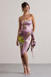 Axel Lilac Print Satin Strapless Wrap Midi Dress