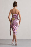 Axel Lilac Print Satin Strapless Wrap Midi Dress
