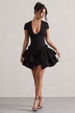 Genevieve Black Plunge-Neck Mini Dress With Layered Hem
