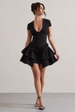 Genevieve Black Plunge-Neck Mini Dress With Layered Hem