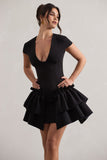 Genevieve Black Plunge-Neck Mini Dress With Layered Hem