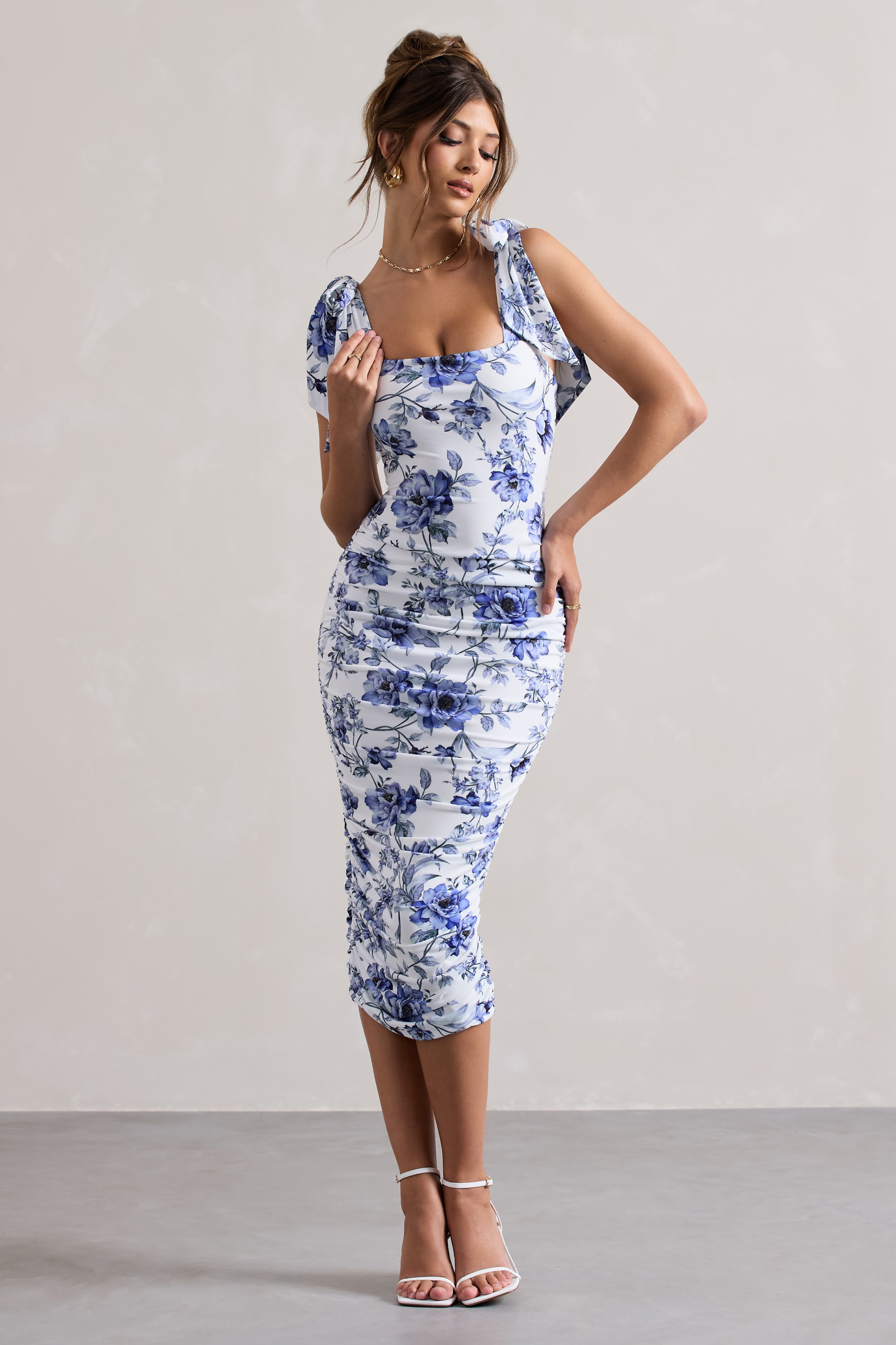 Cordelia Floral Print Bodycon Midi Dress With Bow Straps