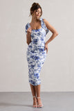 Cordelia Floral Print Bodycon Midi Dress With Bow Straps