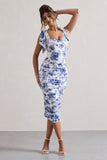 Cordelia Floral Print Bodycon Midi Dress With Bow Straps