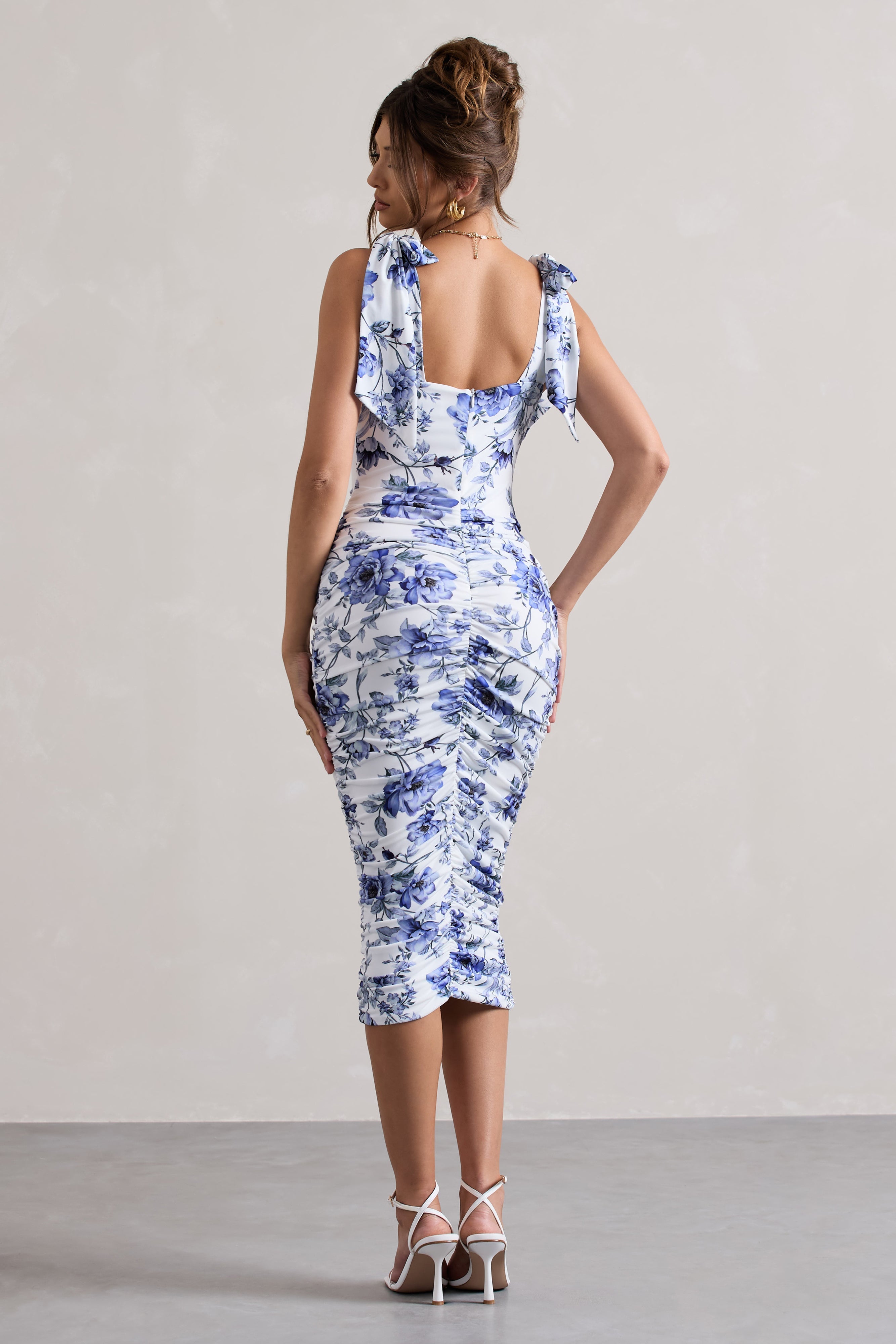 Cordelia Floral Print Bodycon Midi Dress With Bow Straps