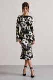 Arlitta Black Floral Print Satin Long-Sleeve Midi Dress